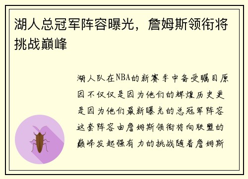 湖人总冠军阵容曝光，詹姆斯领衔将挑战巔峰