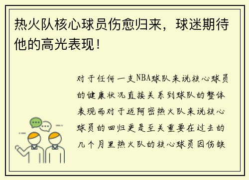 热火队核心球员伤愈归来，球迷期待他的高光表现！